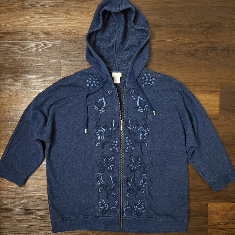 Chicos Zenergy Size 0 (4/6 US) Indigo Embroidered French Terry Jacket Hoodie Zip